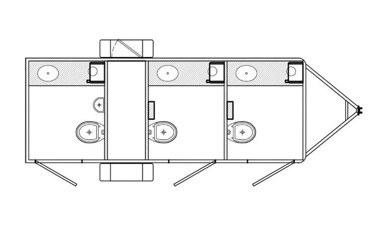 Diagram of 3-bay restroom trailers